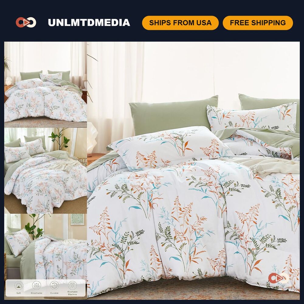 Queen Size White Floral Comforter Set - 7 Piece Botanical Bedding Ensemble